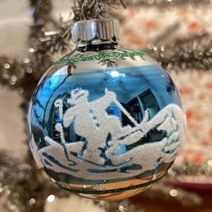 3" Radko Shiny Brite‎ Stenciled Flocked Ornament Skiing Winter Blue Silver Green